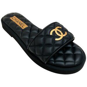 Chanel 2025 Black Quilted Leather Slide Sandals with Gold Logo
